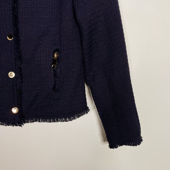 One Third S Navy Blue Tweed Fringe Trim Blazer Jacket 01 Zip Front Collarless - Picture 4 of 9